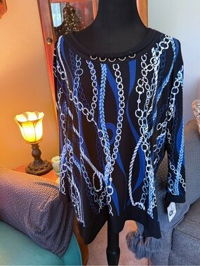 Alfred Dunner Black Top with Blue & White Chain Print